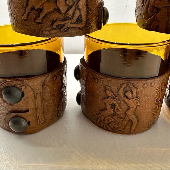 Vintage Amber/Leather Cordial Glasses Embossed with Matador and Flamenco Dancers - Picture 7 of 9